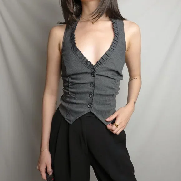 y2k gray ruched ruffle trim plunge v neck cropped vest waistcoat top by love cul - Picture 4 of 8